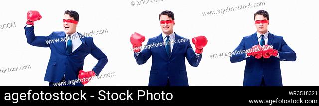 Lawyer with blindfold wearing boxing gloves isolated on white