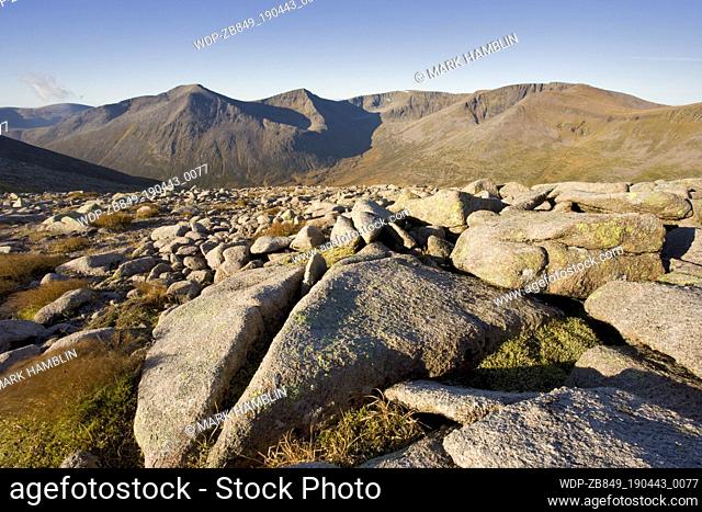 View to Cairn Toul (left), The Angel's Peak (left of centre) and Braeriach (right), Grampian Mountains, Cairngorms National Park, Scotland