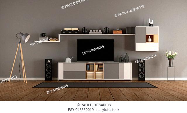 Minimalist room with home cinema system with bookcase - 3d rendering