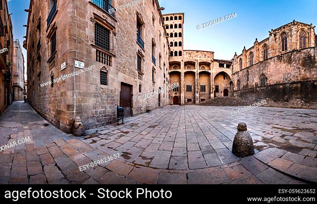 Torre Mirador and Palau del Lloctinent at Placa del Rei in the Morning in Barcelona, Catalonia, Spain