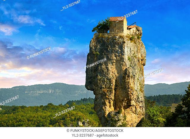 Picture & image of Katskhi Pillar Georgian Orthodox church on a 40 m (130 ft) natural limestone rock pillar near Chiatura, Imereti Region, Georgia (country)