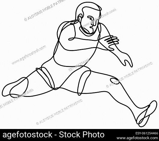 Continuous line drawing illustration of a track and field athlete jumping hurdle done in mono line or doodle style in black and white on isolated background
