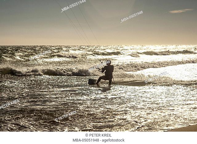 Kite Surfer near beach on mediterranean sea, water, costa Brava, Girona, Spain, Europe, mountain, waves, water