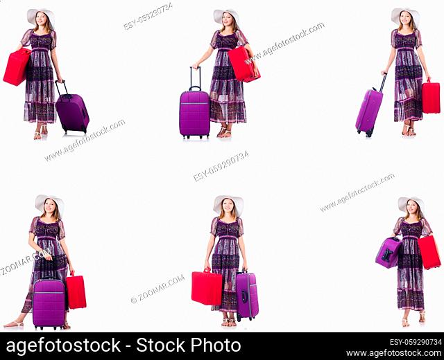 Young woman with suitcases isolated on white