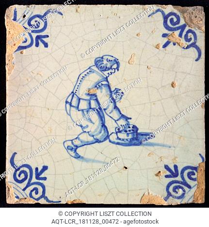 Scene tile, child's play, bowing with marbles, corner motif of ox's head, wall tile tile sculpture ceramic earthenware glaze