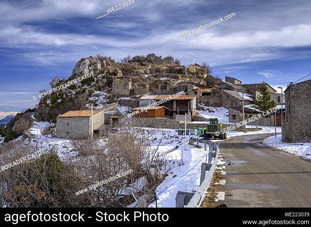 View of the snowy town of La GuÃ rdia d'Ares in winter, in the Aguilar valleys (Les Valls d'Aguilar, Alt Urgell, Catalonia, Spain, Pyrenees)
