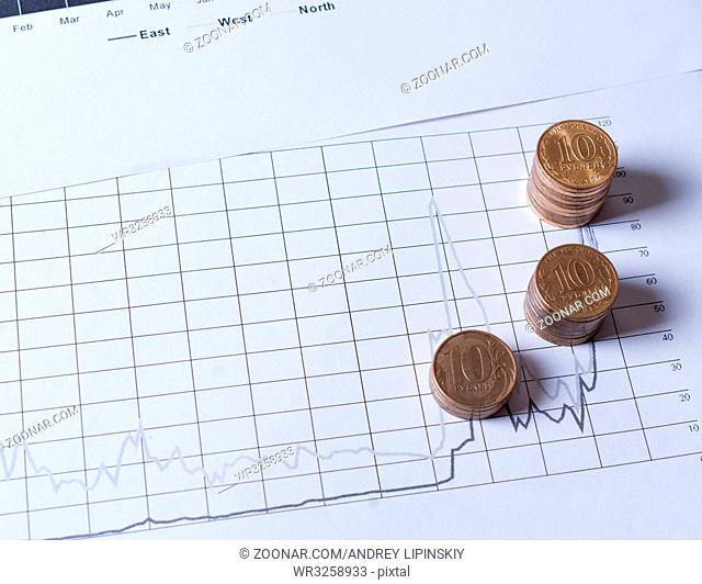 Stacks of coins on financial charts. Concept business investment plan