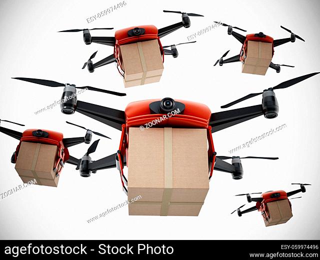 Unmanned drone carrying cargo box. 3D illustration