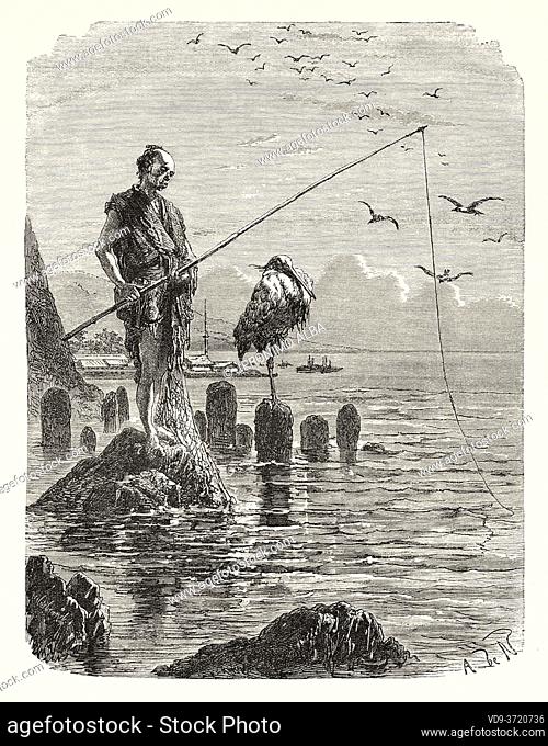 A fisherman and a crane, Japan. Old 19th century engraved illustration Travel to Japan by Aime Humbert from El Mundo en La Mano 1879