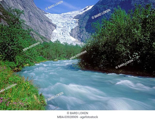 Norway, Jostedalsbreen national-park, Stryn, Briksdalsbre, glacier-river, Scandinavia, North-fjord, mountain scenery, mountains, summit, glaciates, glaciers
