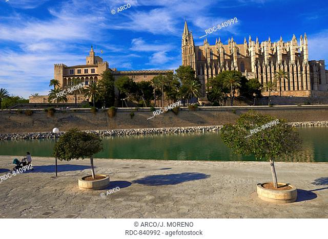 Palma de Mallorca, Cathedral, Almudaina Palace, La Seu cathedral, Palma, Majorca, Balearic Islands, Spain, europe