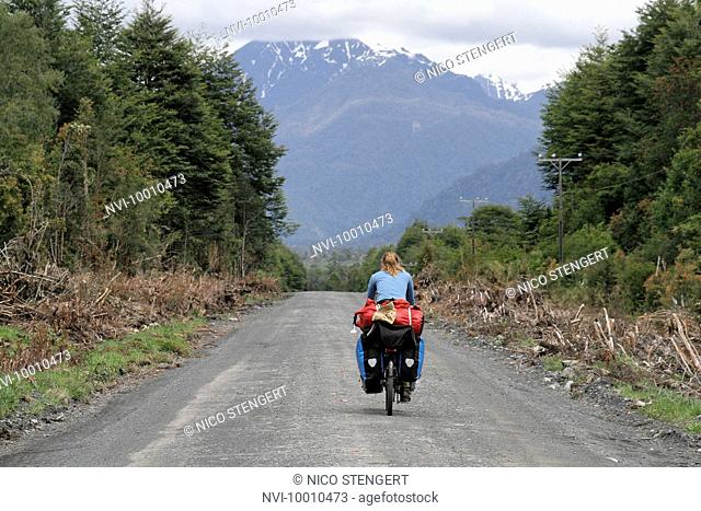 Cyclist on Carretera Austral, highway in Chile, South America