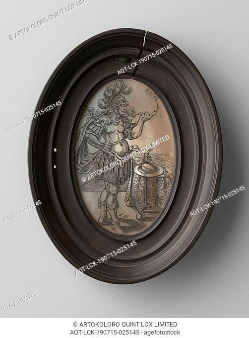 Plaque, A carving on mother-of-pearl in a black wooden frame with the representation of a Roman soldier who smokes a pipe. Marked