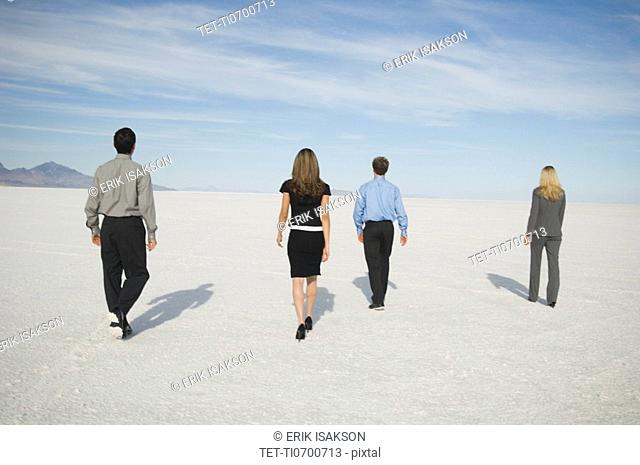 Businesspeople walking on salt flats, Salt Flats, Utah, United States