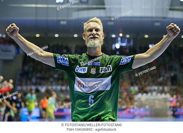 Magdeburg, Germany 19 May 2018: EHF Cup Finals - 17/18 - Saint Raphael Var. SC Magdeburg Matthias Musche (SC Magdeburg) jubilation / joy / emotion / goaljubel /...