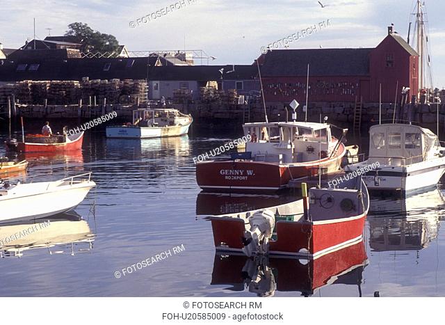 Rockport, Massachusetts, Atlantic Ocean, Fishing boats are buoyed in the harbor