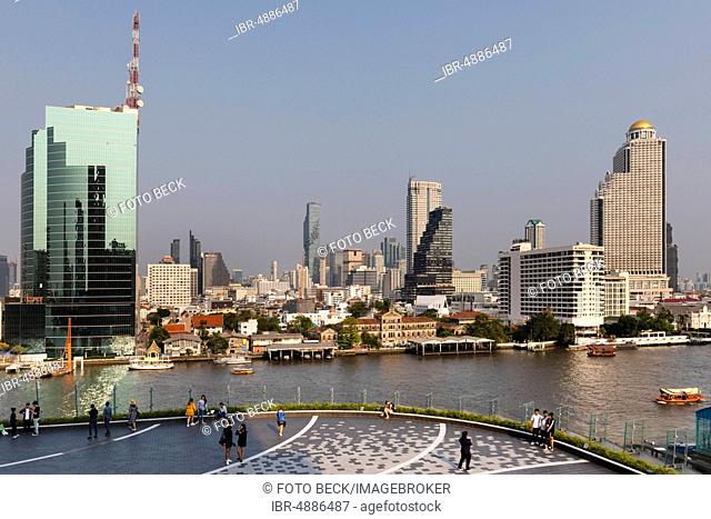 Panoramic view from terrace of Icon Siam, Skyline, CAT Building at Mae Nam Chao Phraya River, Bang Rak District and Khlong San District in Thonburi, Bangkok