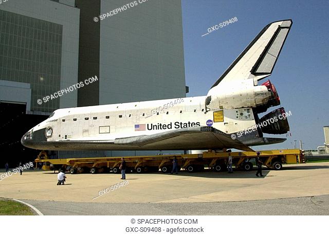 04/22/2002 -- Orbiter Endeavour rolls toward the open bay door of the Vehicle Assembly Building where it will be mated to the External Tank/Solid Rocket...