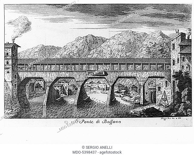 The Bassano bridge (Il ponte di Bassano), by Filippo Ricci, 1752, 18th Century, etching