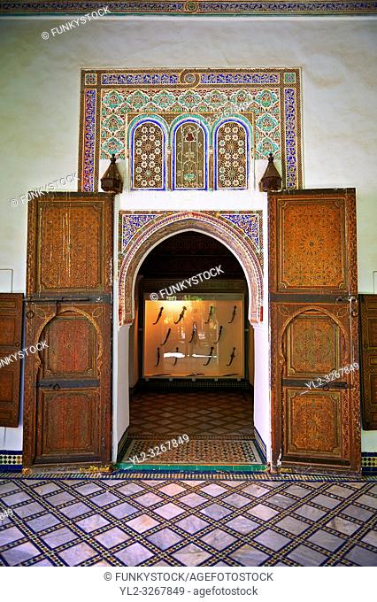 Berber arabesque doors of the Petite Court, Bahia Palace, Marrakesh, Morroco