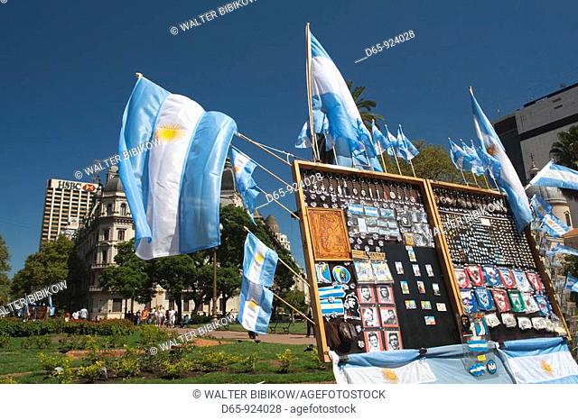 Argentina, Buenos Aires, Plaza de Mayo, Argentine flags and souvenirs