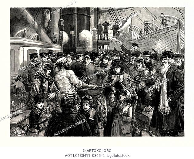 THE EMIGRATION OF THE RUSSIAN JEWS, THE DOCTOR EXAMINING STEERAGE PASSENGERS BEFORE THEIR DEPARTURE FROM LIVERPOOL; A SCENE ON BOARD THE GUION LINER ""WISCONSIN