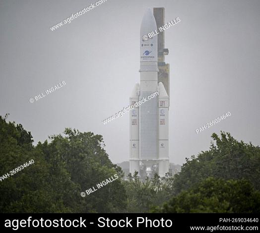 Arianespace's Ariane 5 rocket with NASA’s James Webb Space Telescope onboard, is rolled out in the rain to the launch pad, Thursday, Dec
