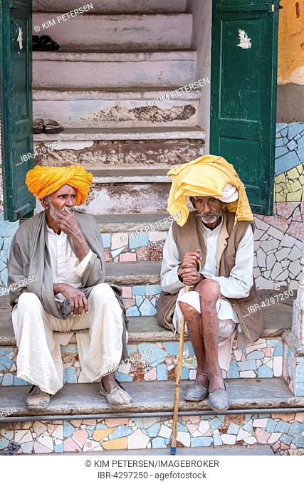 Two elderly Rajasthani men with turbans, Pushkar, Rajasthan, India