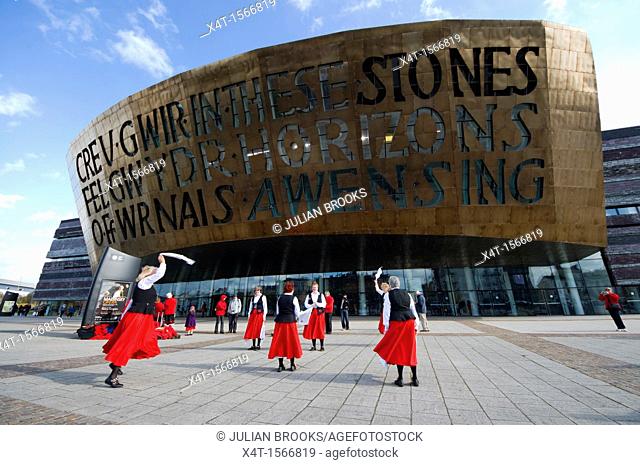 Morris dancers outside the Wales Millennium centre in Cardiff
