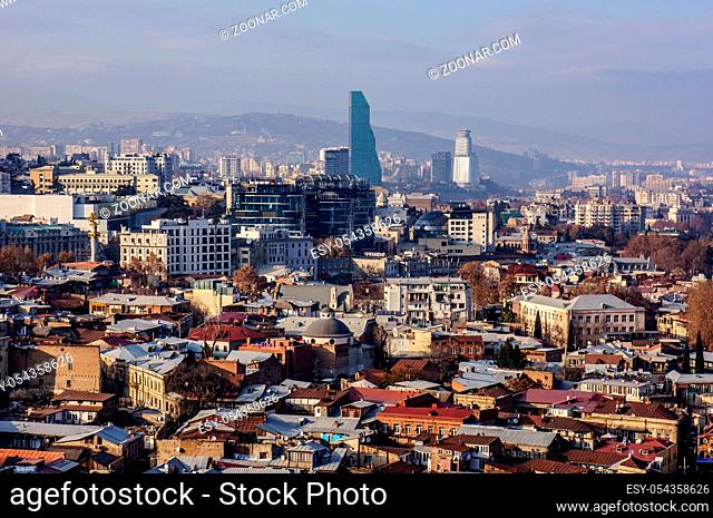 Tbilisi, Georgia - December 31 2019: View of the roofs of houses in the center of Tbilisi. Old city and tiled roofs in Georgia