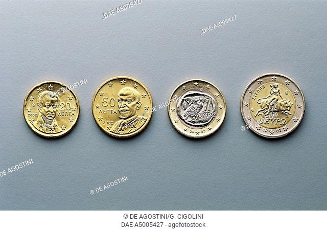 20 cent, 50 cent, 1 euro and 2 euro coins, issued in Greece, 2002, obverse depicting Ioannis Kapodistrias (1776-1831), Eleftherios Venizelos (1864-1936)