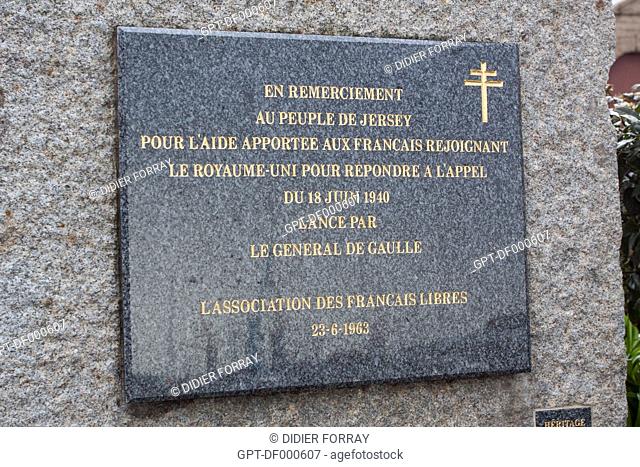 COMMEMORATIVE PLAQUE OF THE ASSOCIATION OF THE FREE FRENCH ON THE QUAYS OF THE PORT OF SAINT-HELIER, OBLIGATION OF REMEMBRANCE, SECOND WORLD WAR, SAINT-HELIER