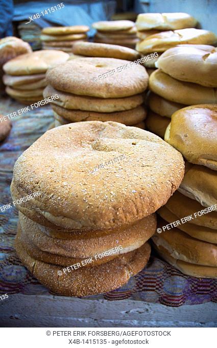Khobz the Moroccan bread inside covered markets outside Medina old town Tangier Morocco northern Africa