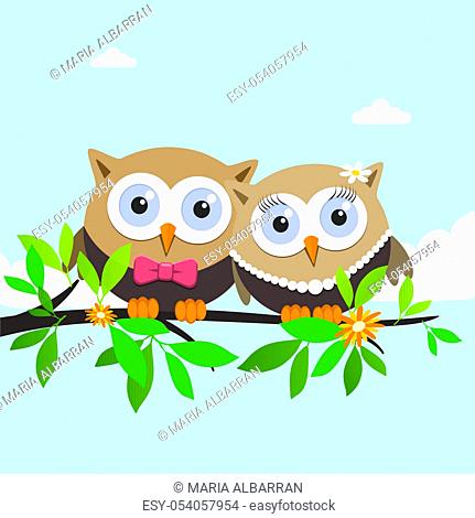 Couple of owls on a spring day. Vector illustration