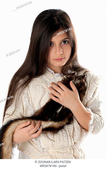 Young girl in a historical dress with marten fur