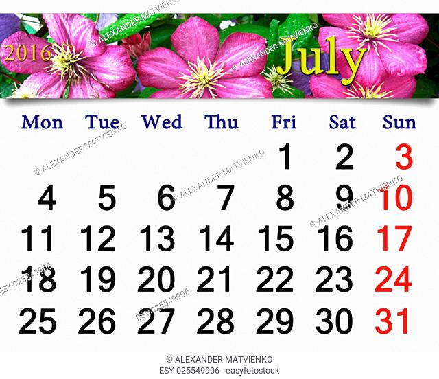calendar for July 2016 with ribbon of blue clematis