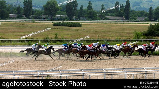 PYATIGORSK, RUSSIA - JULY 01, 2018:Horse racing for the prize of the Oaks in racecourse Pyatigorsk, the largest and oldest in Russia