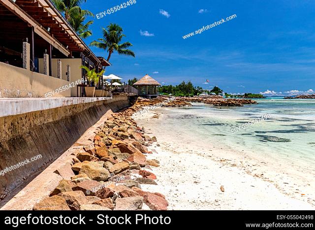 Paradise beach with white sand, palms, rocks, turqoise water on Seychelles island Praslin