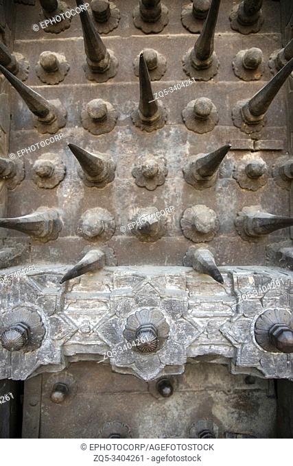 Close up of big metal nails on main entrance gate of Sardar Purandare Wada at Saswad, Pune Districtrict, Maharashtra, India