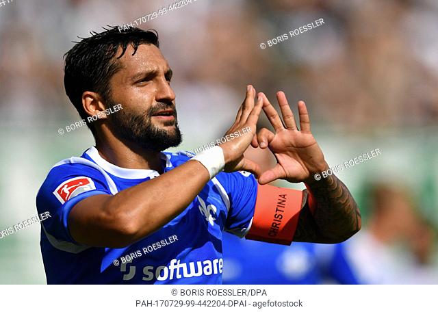 Darmstadt's Aytac Sulu celebrates his 1-0 goal during the German 2. Bundesliga soccer match between Darmstadt 98 and SpVgg Greuther Fuerth in the...