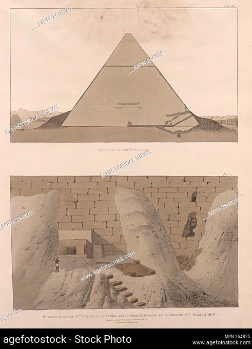 Entrance of the second pyramid of Ghizeh [Jîzah] discovered and opened by G. Belzoni, 2nd March 1818 (Pl. 9) [bottom] ; Section of the pyramid (Pl