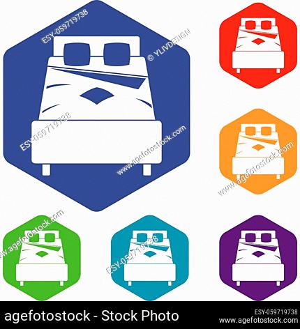Bed icons set hexagon isolated vector illustration