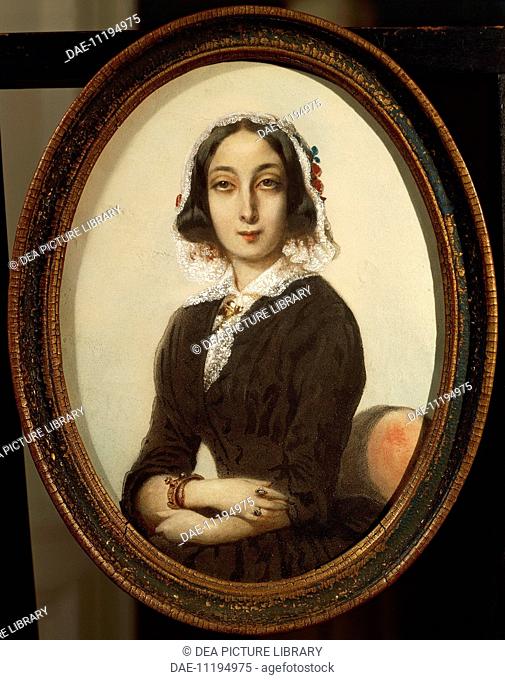 Portrait of George Sand, pseudonym of Amantine-Lucile-Aurore Dupin (Paris, 1804-Nohant-Vic, 1876), French writer. Painting by Eugene Delacroix (1798-1863)