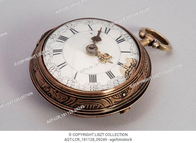 J.G. Seytz, Pocket watch with enamel dial with date calendar with moon views and golden hands, pocket watch watch movement measuring instrument silver brass...