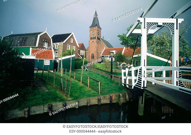 Marken island harbour moving bridge, IJsselmeer. The Netherlands