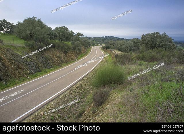 Sierra de San Pedro road EX-303, Extremadura, Spain. Declared as high scenic value road
