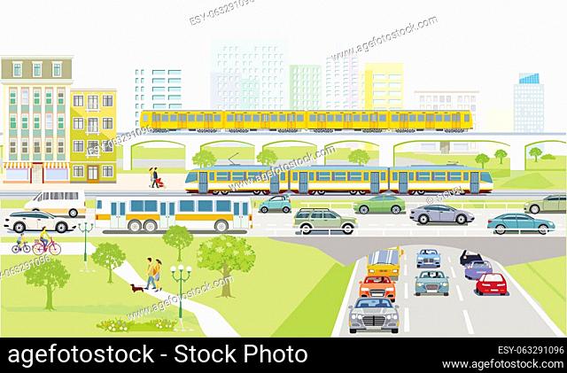Main street with tram and road traffic and in front of buildings, illustration