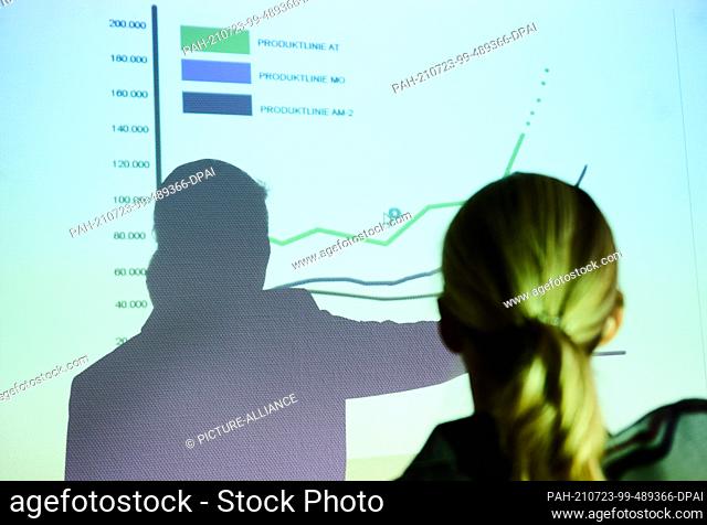 PRODUCTION - 10 July 2021, Berlin: ILLUSTRATION - A woman points to a diagram projected on the wall. (posed scene) Photo: Annette Riedl/dpa