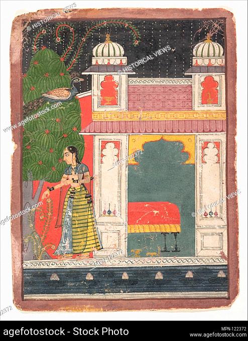 A Heroine Plucking a Flower: Page from a Dispersed Nayikabheda. Date: ca. 1660-80; Culture: India (Madhya Pradesh, Malwa); Medium: Ink and opaque watercolor on...