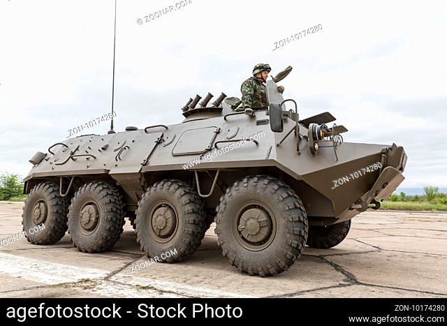 Sofia, Bulgaria - May 4, 2016: Soldiers from the Bulgarian army are preparing for a parade for Army's day in an armoured tank vehicle for infantry combat